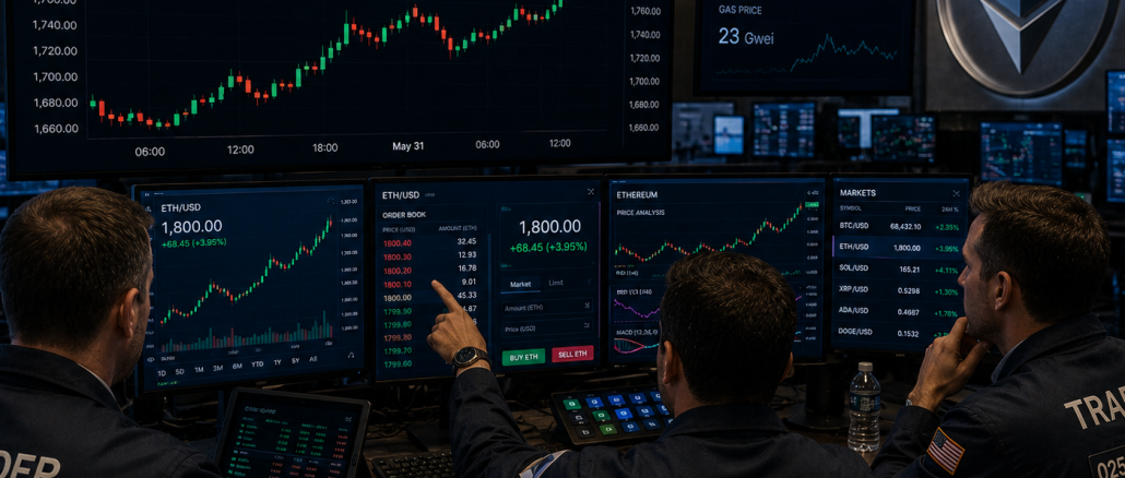 Traders analyzing a bullish ETH/USD chart